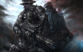 Military man gun rain background - game art free wallpaper