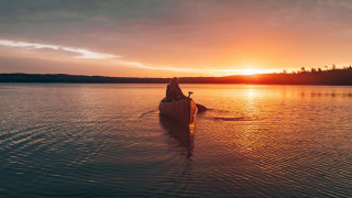 Canoe paddling lake sunset forest - dennis ashbaugh free wallpaper for desktop