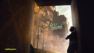 Man doorway city smoke dystopia - a building in the background free wallpaper