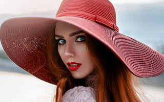 Woman redhat whitedress redlips blueeyes - a red hat free wallpaper