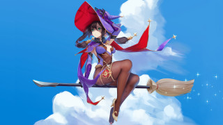 Witch girl flying broom blue - ultra free wallpaper