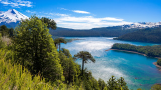 Lake mountains trees sky clouds 42 - cloud and snow free wallpaper