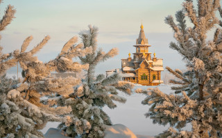 Winter church snow trees blue - a church free wallpaper