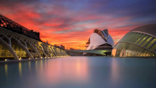 Sunset modernist building water reflection - modernism free wallpaper