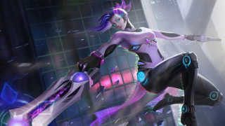 Futuristic woman cyberpunk city sword - a futuristic city in the background free wallpaper