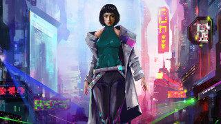 Neon city cyberpunk woman bangs - neon free wallpaper