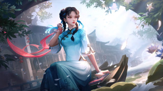 Woman blue dress red ribbon - splash art free wallpaper