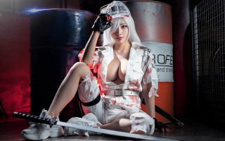 Woman white sword blood sitting - cosplay free wallpaper