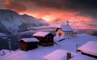 Snowy mountain church sunset clouds 2 - sunset free wallpaper