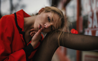 Woman blonde red sweater portrait - a pole free wallpaper