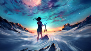 Woman snowy mountain telescope starry - art station free wallpaper