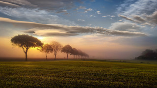 Foggy sunset mountains lake cityscape - german romanticism free wallpaper