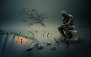 Man rock waterfall origami birds - analytical art free wallpaper