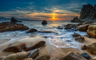 Sunset ocean rocks water dock - rock and water free wallpaper