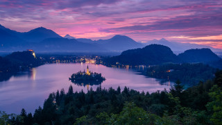 Lake mountains trees castle city - dusk free wallpaper