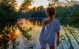 Woman dock water sunset autumn - sunrise free wallpaper