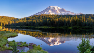 Mountain reflection lake trees grass 2 - a few cloud free wallpaper