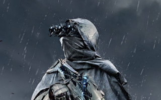 Man hooded rain backpack sword - his hand and a bird free wallpaper