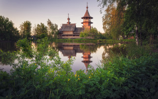Lake church trees bushes flowers - andrei rublev free wallpaper
