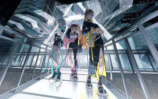 Futuristic hallway group cyberpunk bauhaus - toyism free wallpaper