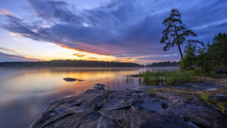 Lake tree rock sunset clouds - bob ross free wallpaper