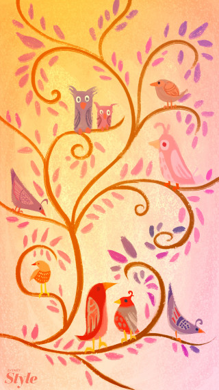 Bird branch swirly leaves pink - a yellow sky free wallpaper