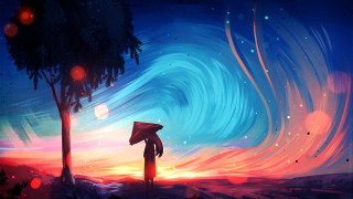 Night sky umbrella colorful swirl - a painting of a person holding free wallpaper