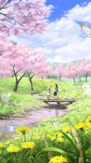 Couple walking bridge river park - a detailed matte painting free wallpaper
