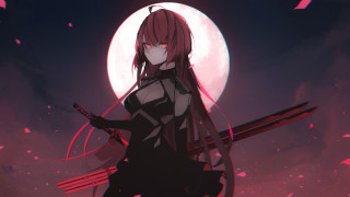 Woman sword fullmoon pinkpetals blackdress - pink petal free wallpaper