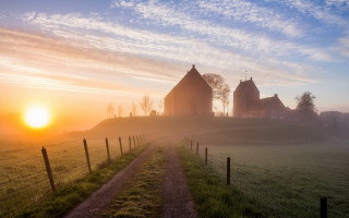 Farmhouse hill fence sunset clouds - a flemish baroque free wallpaper