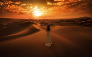 Woman white dress desert sunset - the desert free wallpaper