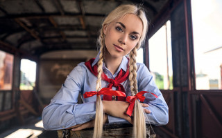 Blonde braid portrait red bow - anka zhuravleva free wallpaper