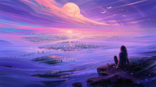 Woman cliff city sunset birds - overhead free wallpaper