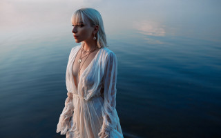 Woman white dress water horizon 2 - carla wyzgala free wallpaper