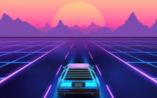 Futuristic city mountains sunset neon - retrowave free wallpaper