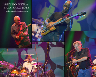 Men playing instruments stage microphone - symbolist free wallpaper