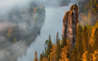 River fog cliff boat autumn - artur tarnowski free wallpaper