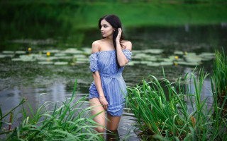 Woman blue dress pond lily - lily pad free wallpaper