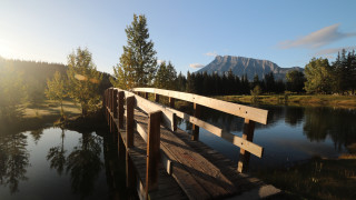 Wooden bridge river mountain trees - the other side of the bridge free wallpaper