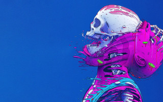 Colorful statue skull psychedelic cyberpunk - a blue sky background behind free wallpaper