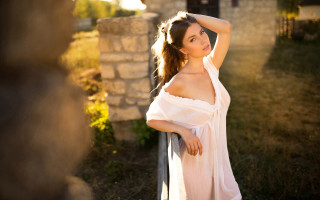Romantic woman white dress field - natural free wallpaper