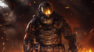 Futuristic man armor fire smoke - game art free wallpaper