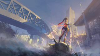 Girl shark city bridge buildings - sots art free wallpaper