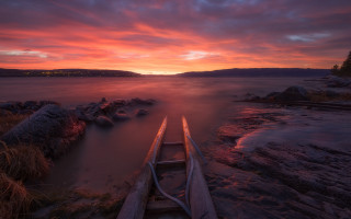 Canoe shore lake sunset clouds - a canoe free wallpaper