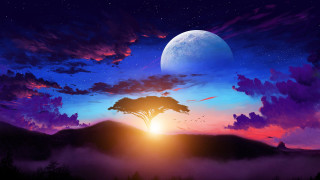 Sunset moon tree clouds beach - alena aenami free wallpaper