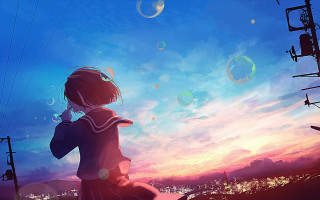 Girl bubbles sky city moon - atey ghailan free wallpaper