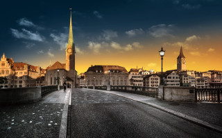 Cityscape clocktower sunset clouds bridge - modern european ink painting free wallpaper