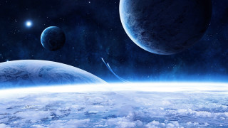 Planets clouds stars brightblue glow - beeple free wallpaper