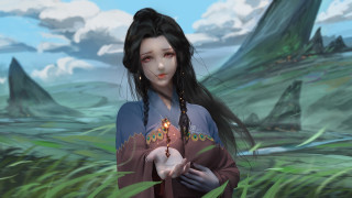 Woman candle field grass rocks - a candle free wallpaper