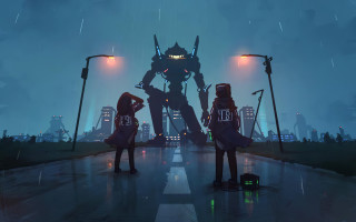 City robot rain night neon - a couple of people free wallpaper for desktop